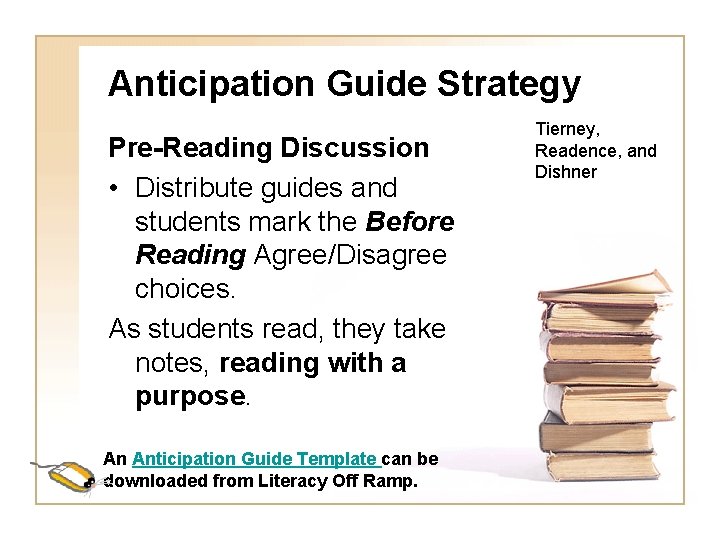 Anticipation Guide Strategy Pre-Reading Discussion • Distribute guides and students mark the Before Reading