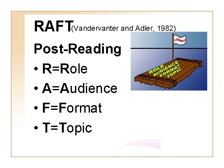 RAFT(Vandervanter and Adler, 1982) Post-Reading • R=Role • A=Audience • F=Format • T=Topic 