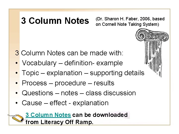 3 Column Notes (Dr. Sharon H. Faber, 2006, based on Cornell Note Taking System)