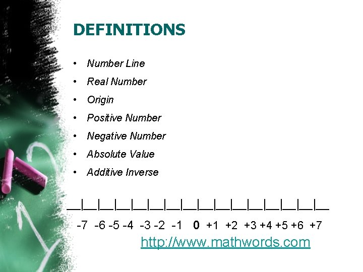 DEFINITIONS • Number Line • Real Number • Origin • Positive Number • Negative