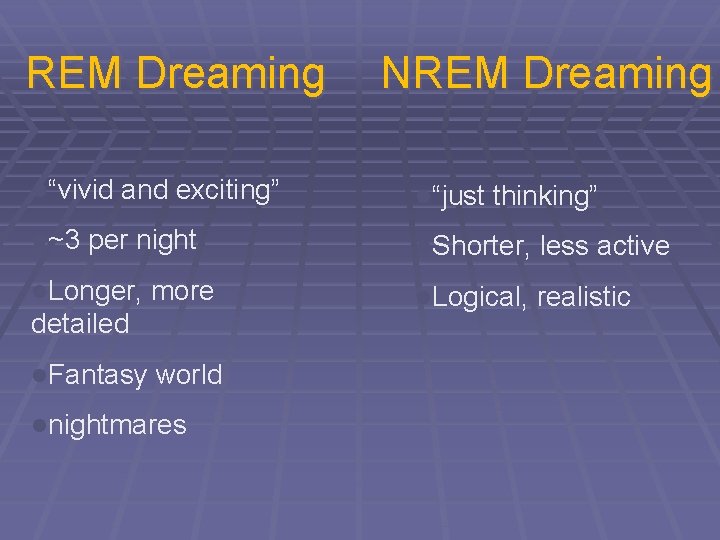 REM Dreaming l“vivid l~3 and exciting” per night l. Longer, more detailed l. Fantasy