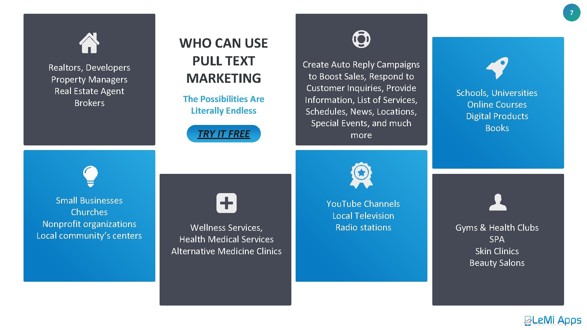 7 Realtors, Developers Property Managers Real Estate Agent Brokers WHO CAN USE PULL TEXT
