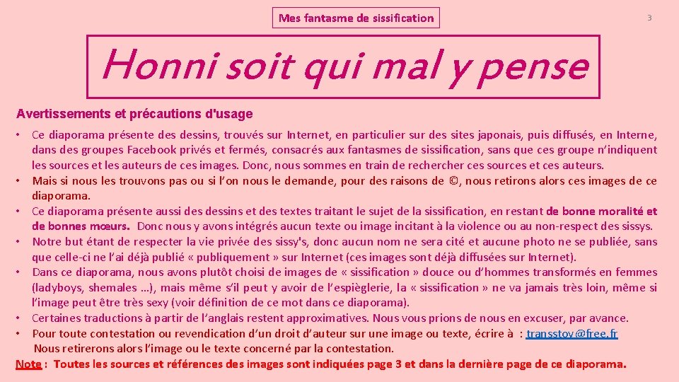 Mes fantasme de sissification 3 Honni soit qui mal y pense Avertissements et précautions