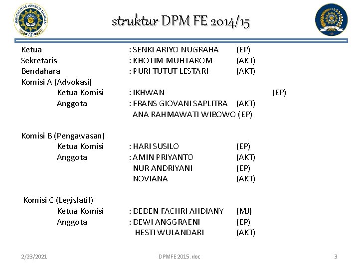struktur DPM FE 2014/15 Ketua Sekretaris Bendahara Komisi A (Advokasi) Ketua Komisi Anggota Komisi