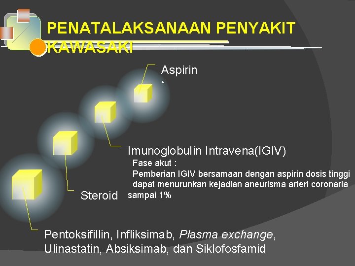 PENATALAKSANAAN PENYAKIT KAWASAKI Aspirin • Imunoglobu. Iin Intravena(IGIV) Steroid Fase akut : Pemberian IGIV PENATALAKSANAAN PENYAKIT KAWASAKI Aspirin • Imunoglobu. Iin Intravena(IGIV) Steroid Fase akut : Pemberian IGIV