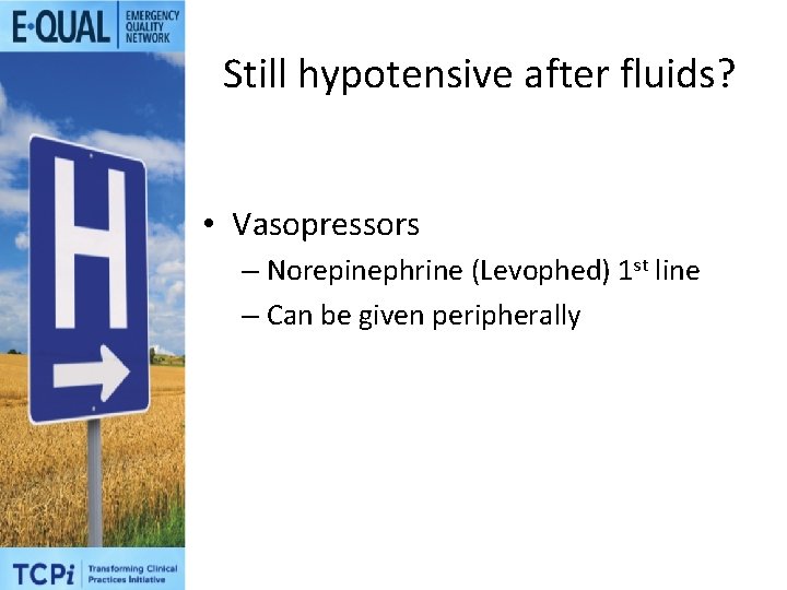 Still hypotensive after fluids? • Vasopressors – Norepinephrine (Levophed) 1 st line – Can