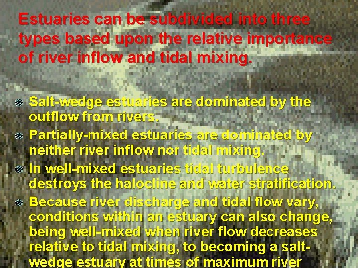 Estuaries can be subdivided into three types based upon the relative importance of river