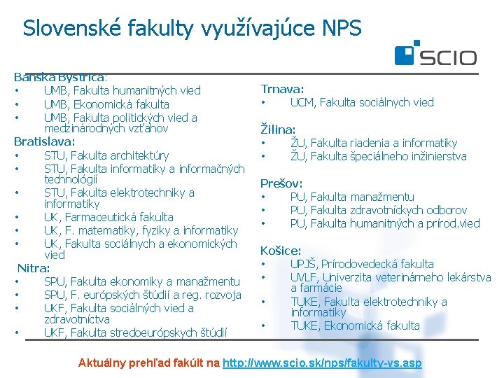 Slovenské fakulty využívajúce NPS Banská Bystrica: • UMB, Fakulta humanitných vied • UMB, Ekonomická