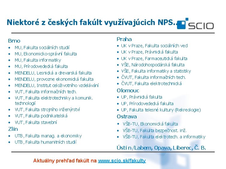 Niektoré z českých fakúlt využívajúcich NPS… Praha Brno • • • MU, Fakulta sociálních