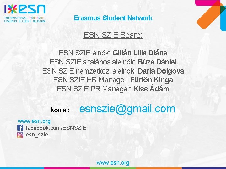 Erasmus Student Network ESN SZIE Board: ESN SZIE elnök: Gilián Lilla Diána ESN SZIE