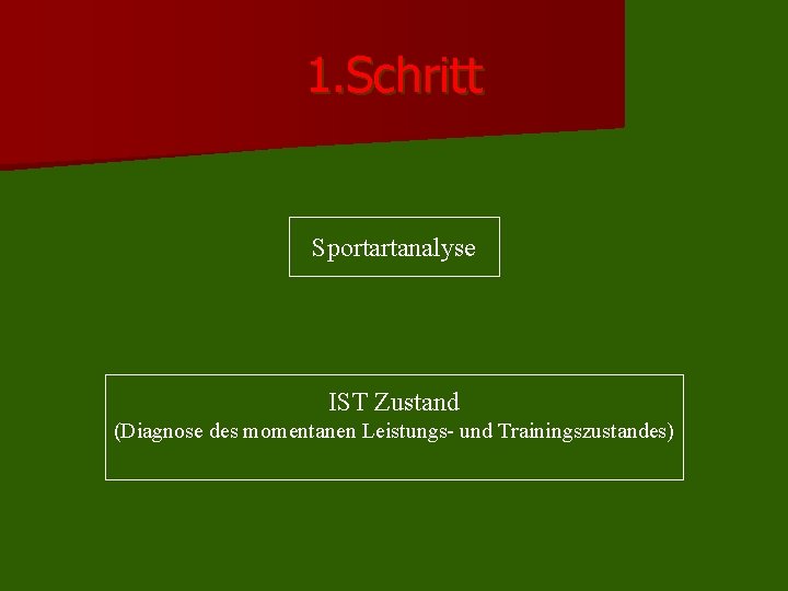 1. Schritt Sportartanalyse IST Zustand (Diagnose des momentanen Leistungs- und Trainingszustandes) 1. Schritt Sportartanalyse IST Zustand (Diagnose des momentanen Leistungs- und Trainingszustandes)