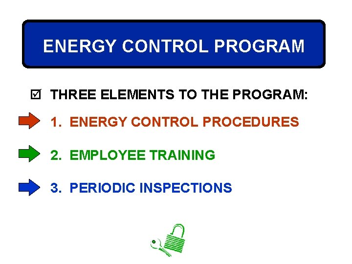 ENERGY CONTROL PROGRAM þ THREE ELEMENTS TO THE PROGRAM: 1. ENERGY CONTROL PROCEDURES 2.