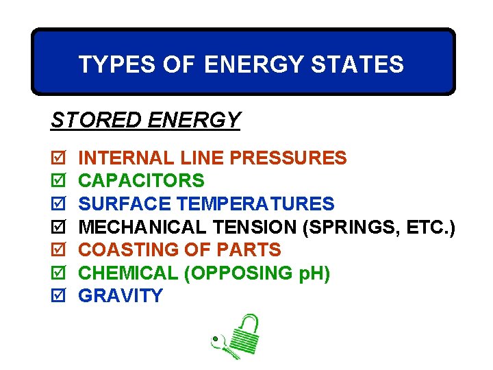 TYPES OF ENERGY STATES STORED ENERGY þ þ þ þ INTERNAL LINE PRESSURES CAPACITORS