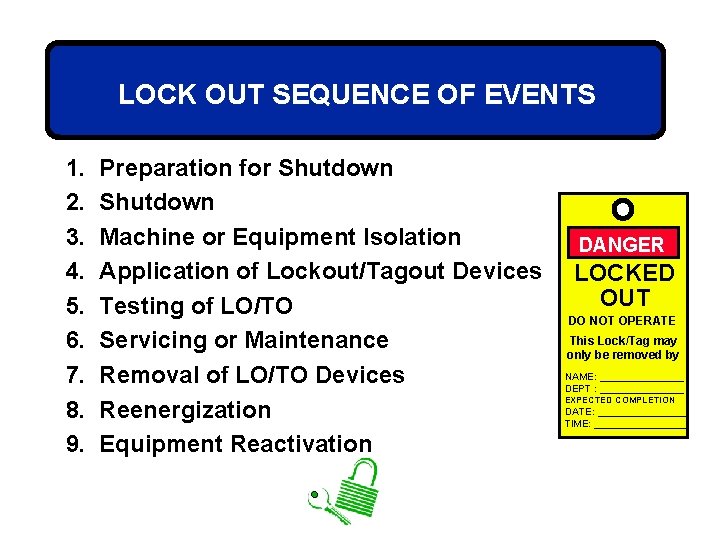 LOCK OUT SEQUENCE OF EVENTS 1. 2. 3. 4. 5. 6. 7. 8. 9.