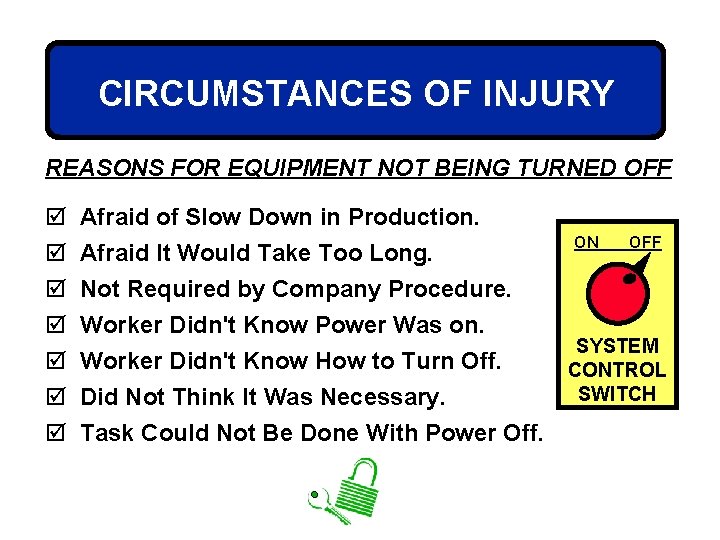 CIRCUMSTANCES OF INJURY REASONS FOR EQUIPMENT NOT BEING TURNED OFF þ þ þ þ