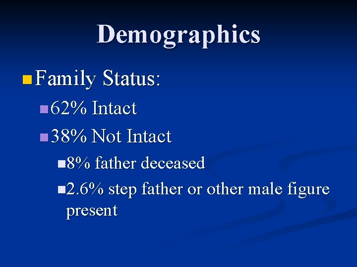 Demographics n Family Status: n 62% Intact n 38% Not Intact n 8% father