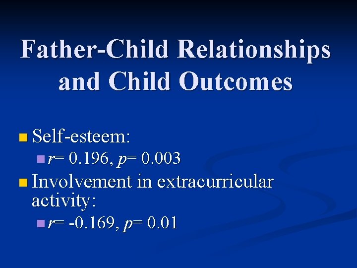 Father-Child Relationships and Child Outcomes n Self-esteem: n r= 0. 196, p= 0. 003