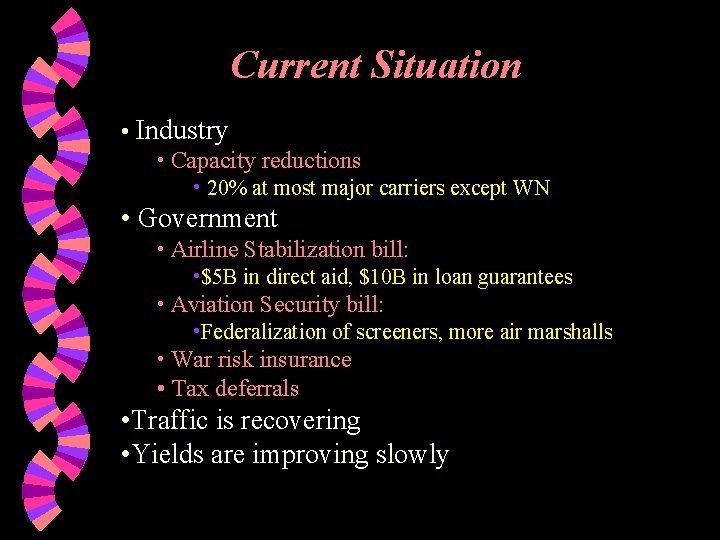 Current Situation • Industry • Capacity reductions • 20% at most major carriers except