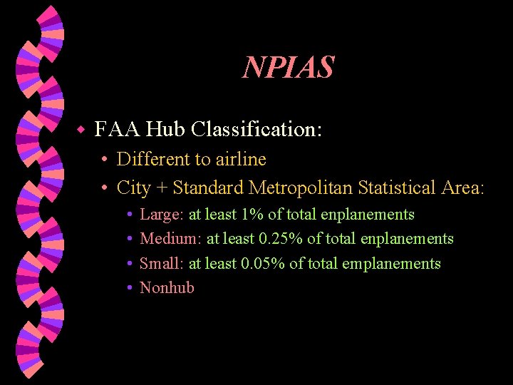 NPIAS w FAA Hub Classification: • Different to airline • City + Standard Metropolitan