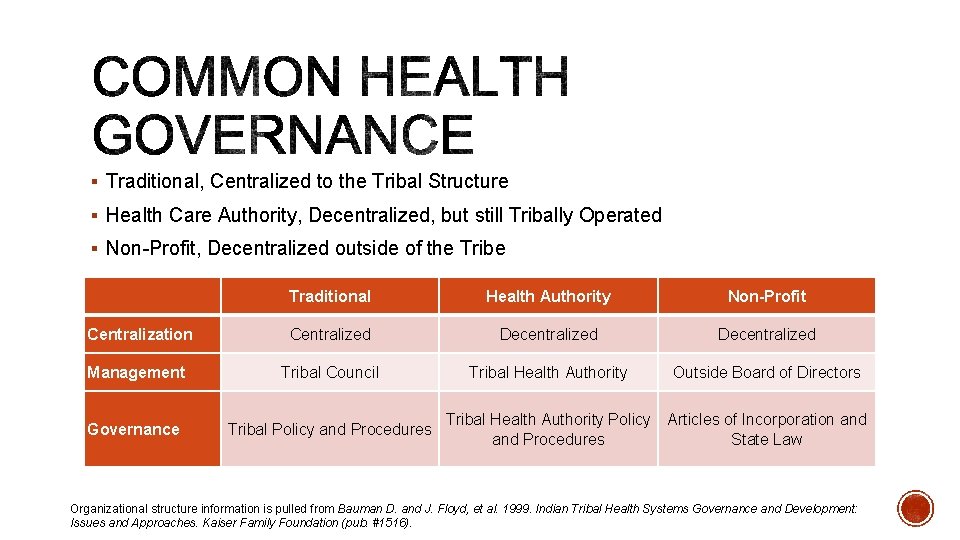 § Traditional, Centralized to the Tribal Structure § Health Care Authority, Decentralized, but still