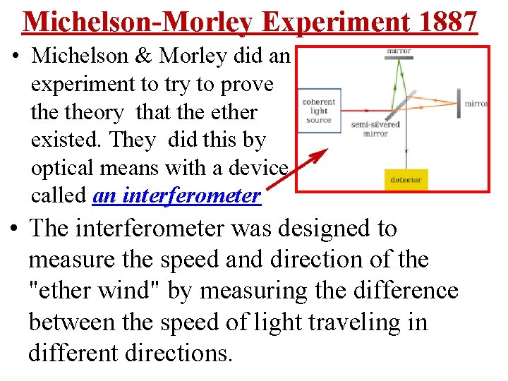 Michelson-Morley Experiment 1887 • Michelson & Morley did an experiment to try to prove