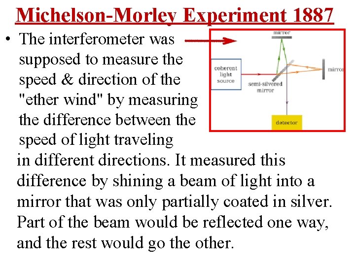 Michelson-Morley Experiment 1887 • The interferometer was supposed to measure the speed & direction