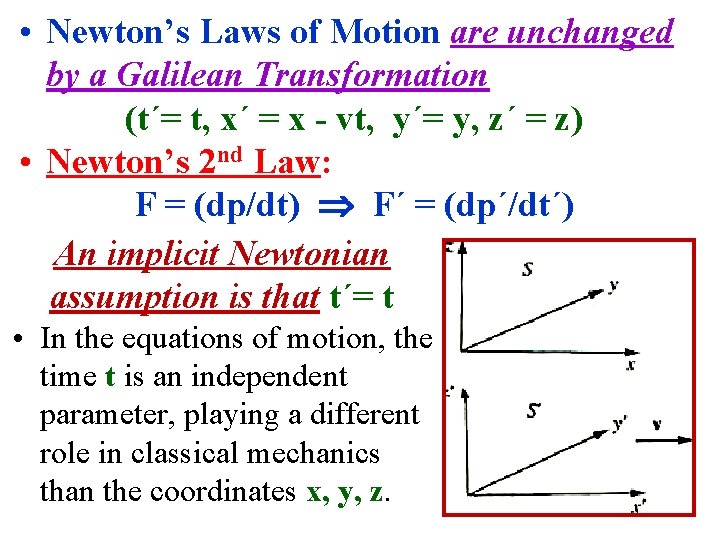  • Newton’s Laws of Motion are unchanged by a Galilean Transformation (t´= t,