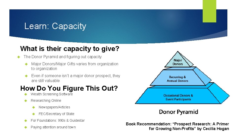 Learn: Capacity What is their capacity to give? The Donor Pyramid and figuring out