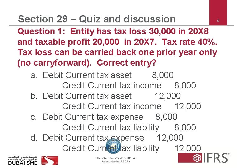Section 29 – Quiz and discussion 4 Question 1: Entity has tax loss 30,