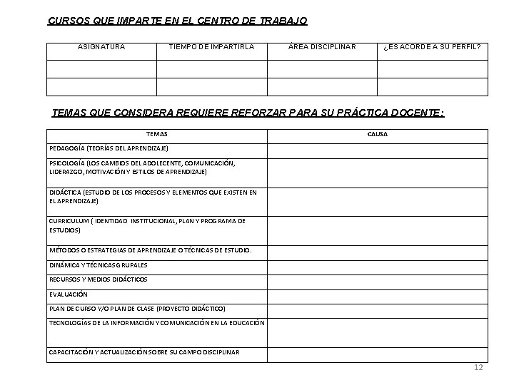 CURSOS QUE IMPARTE EN EL CENTRO DE TRABAJO ASIGNATURA TIEMPO DE IMPARTIRLA ÁREA DISCIPLINAR