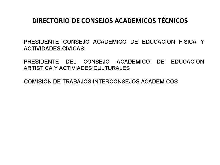 DIRECTORIO DE CONSEJOS ACADEMICOS TÉCNICOS PRESIDENTE CONSEJO ACADEMICO DE EDUCACION FISICA Y ACTIVIDADES CIVICAS