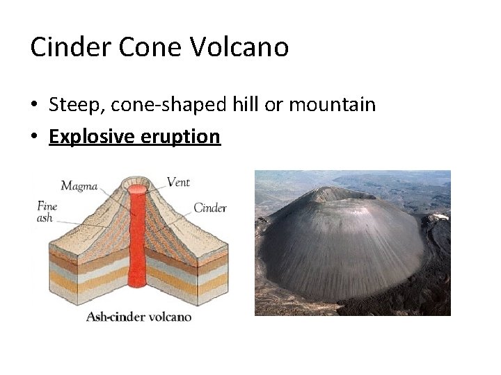 Cinder Cone Volcano • Steep, cone-shaped hill or mountain • Explosive eruption 