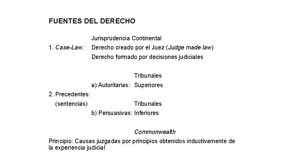 FUENTES DEL DERECHO Jurisprudencia Continental 1. Case-Law: Derecho creado por el Juez (Judge made