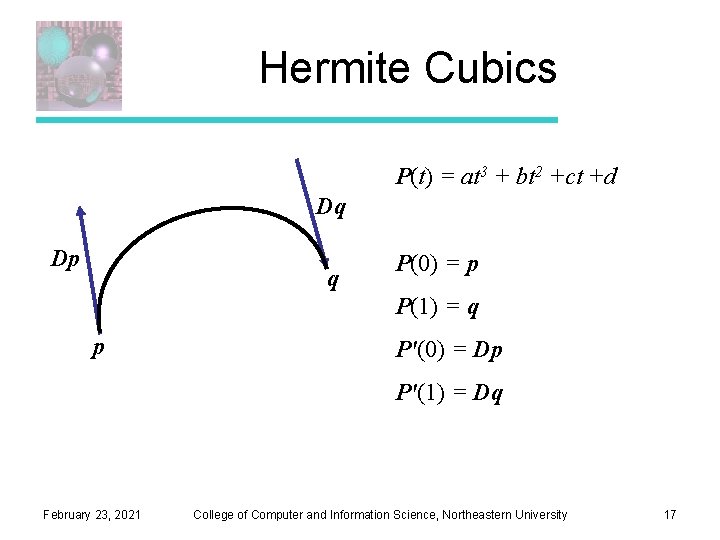 Hermite Cubics P(t) = at 3 + bt 2 +ct +d Dq Dp q Hermite Cubics P(t) = at 3 + bt 2 +ct +d Dq Dp q