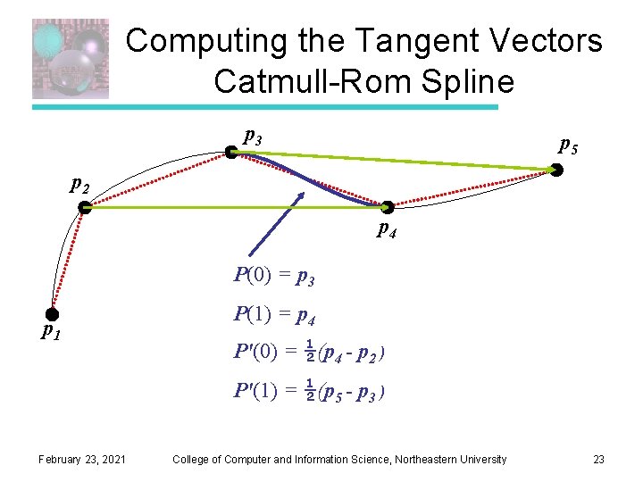 Computing the Tangent Vectors Catmull-Rom Spline p 3 p 5 p 2 p 4 Computing the Tangent Vectors Catmull-Rom Spline p 3 p 5 p 2 p 4