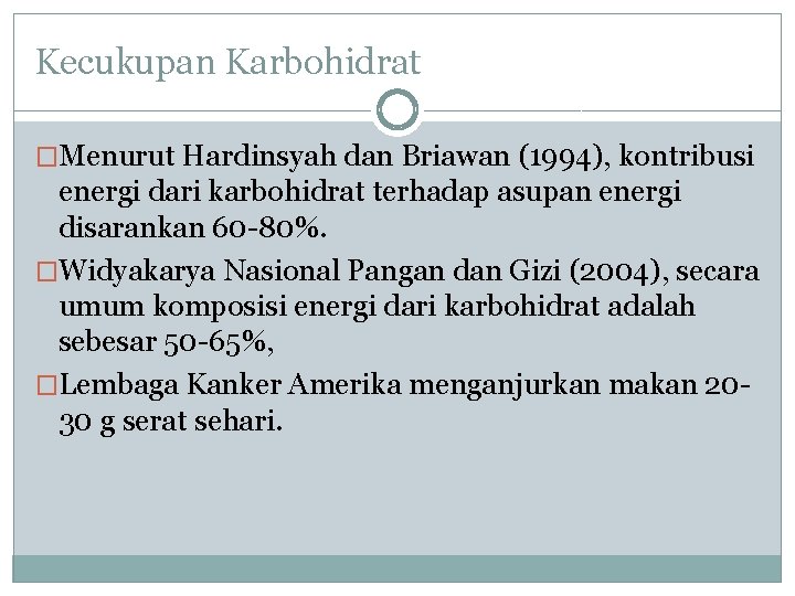 Kecukupan Karbohidrat �Menurut Hardinsyah dan Briawan (1994), kontribusi energi dari karbohidrat terhadap asupan energi