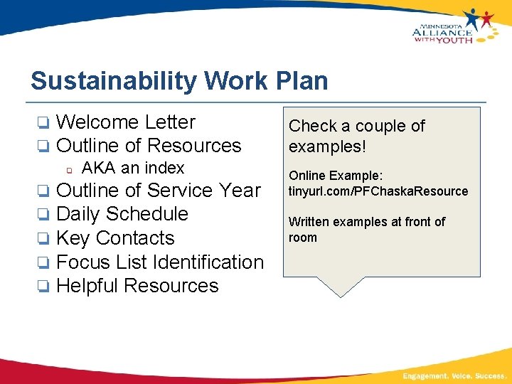 Sustainability Work Plan ❏ Welcome Letter ❏ Outline of Resources ❏ AKA an index