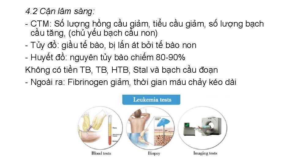 4. 2 Cận lâm sàng: - CTM: Số lượng hồng cầu giảm, tiểu cầu