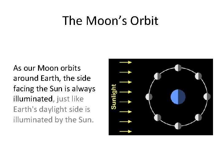 The Moon’s Orbit As our Moon orbits around Earth, the side facing the Sun