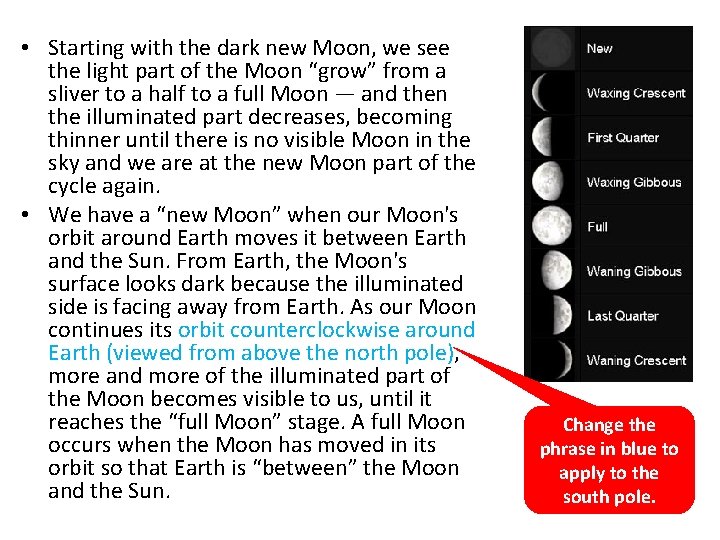  • Starting with the dark new Moon, we see the light part of