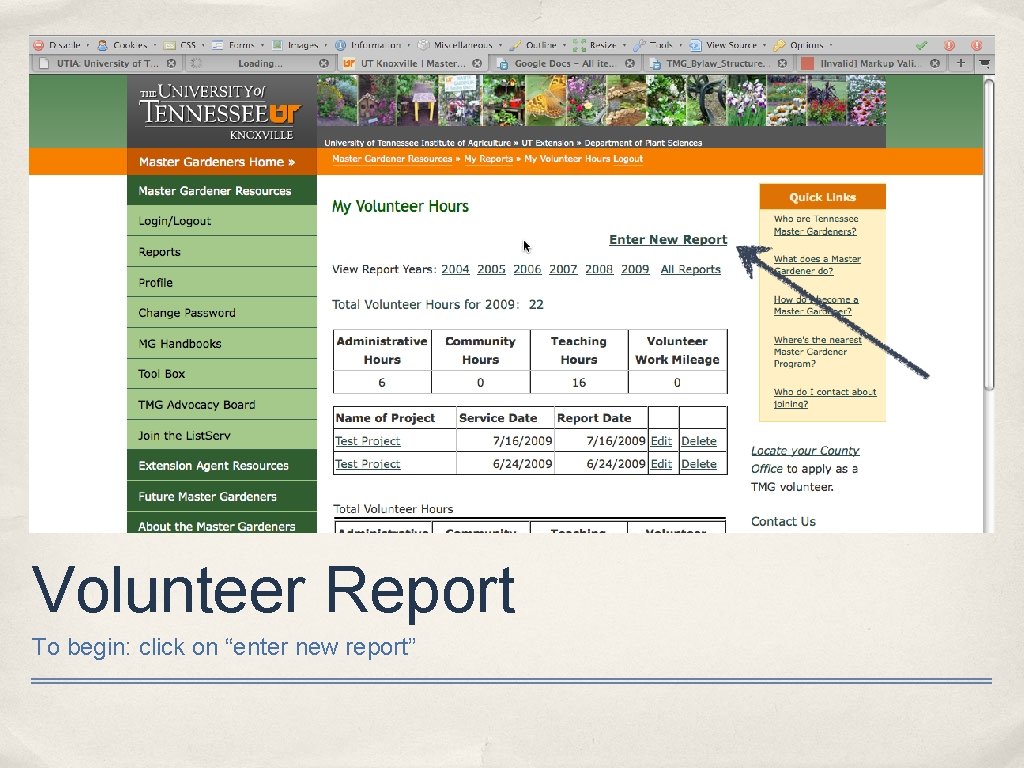 Volunteer Report To begin: click on “enter new report” 