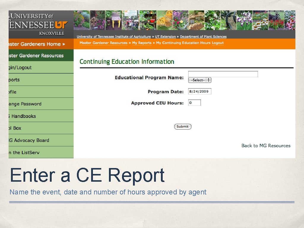 Enter a CE Report Name the event, date and number of hours approved by