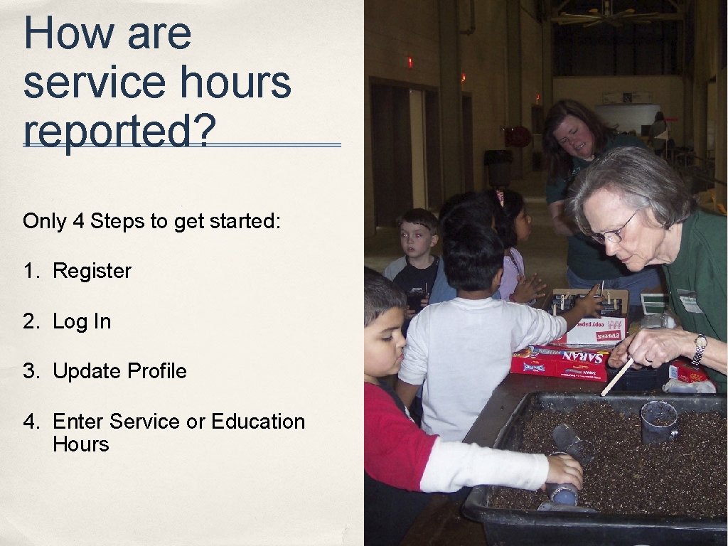 How are service hours reported? Only 4 Steps to get started: 1. Register 2.