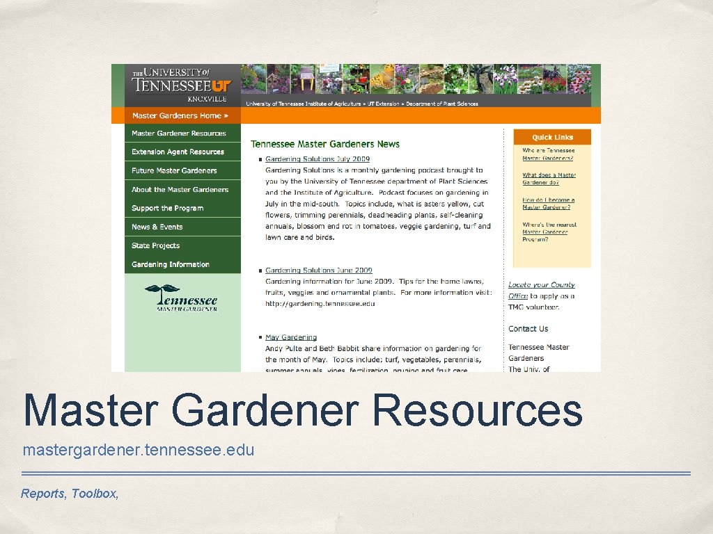 Master Gardener Resources mastergardener. tennessee. edu Reports, Toolbox, 