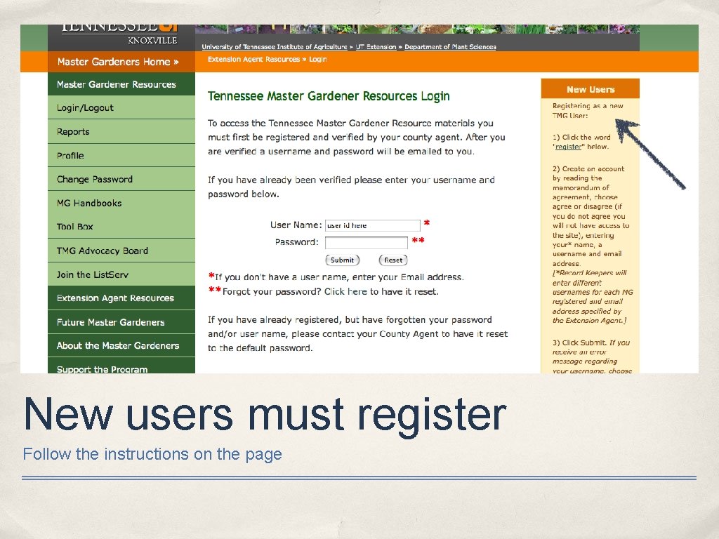 New users must register Follow the instructions on the page 