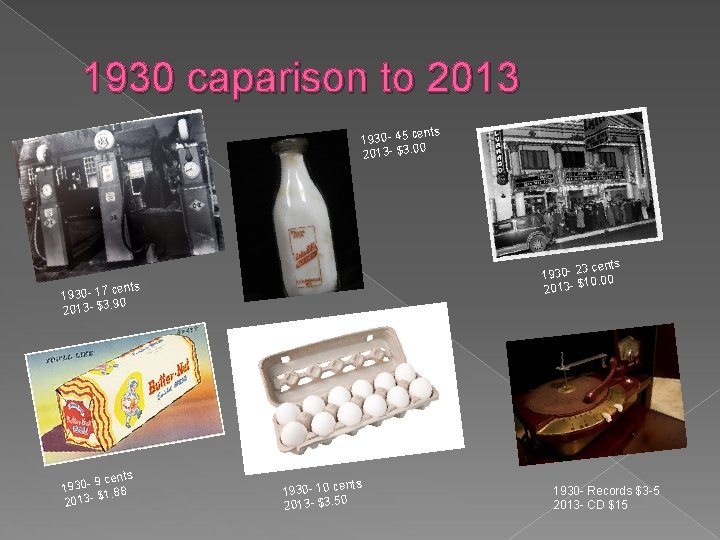 1930 caparison to 2013 ents 1930 - 45 c 0 2013 - $3. 0