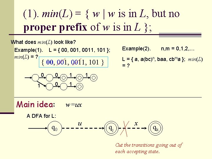 (1). min(L) = { w | w is in L, but no proper prefix