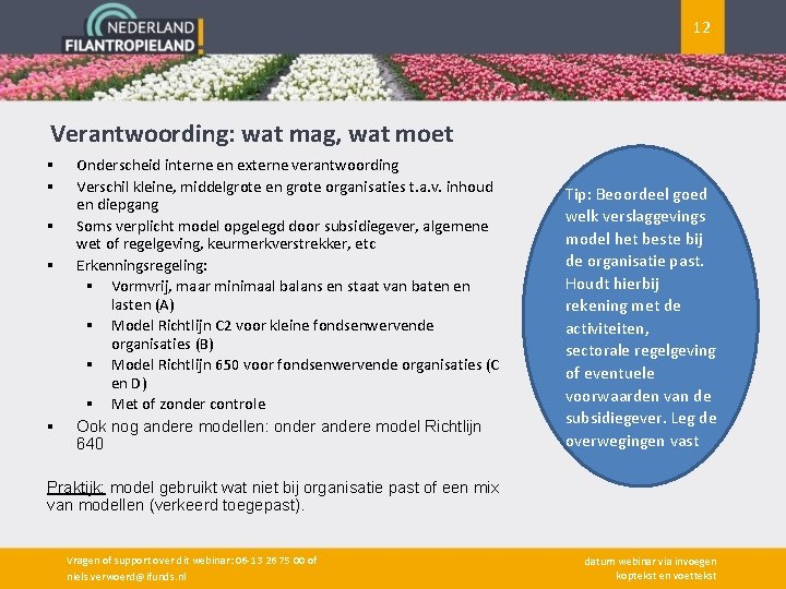 12 Verantwoording: wat mag, wat moet § § § Onderscheid interne en externe verantwoording