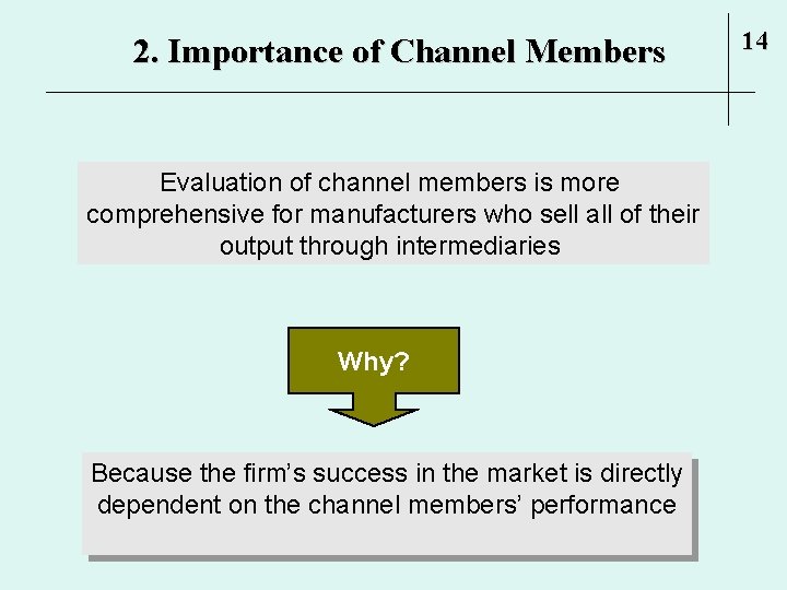 2. Importance of Channel Members Evaluation of channel members is more comprehensive for manufacturers