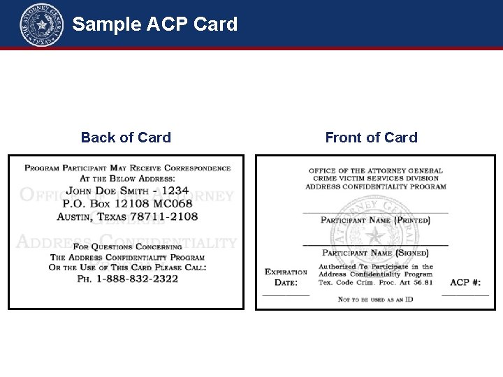 Sample ACP Card Back of Card Front of Card 